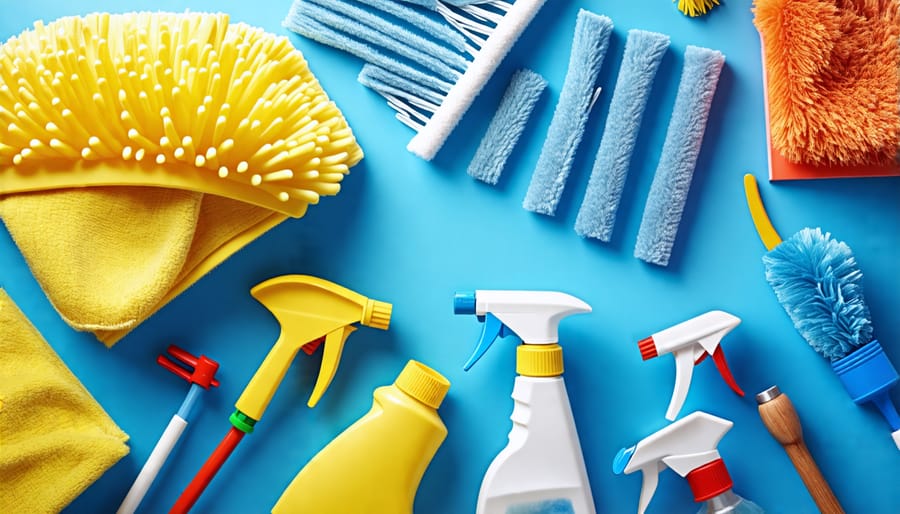 Essential window cleaning supplies including squeegee, microfiber cloths, bucket, sponge, and cleaning solutions