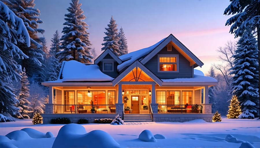 A cozy house in winter with visible insulation layers and warm light emanating from its windows, representing energy efficiency improvements.