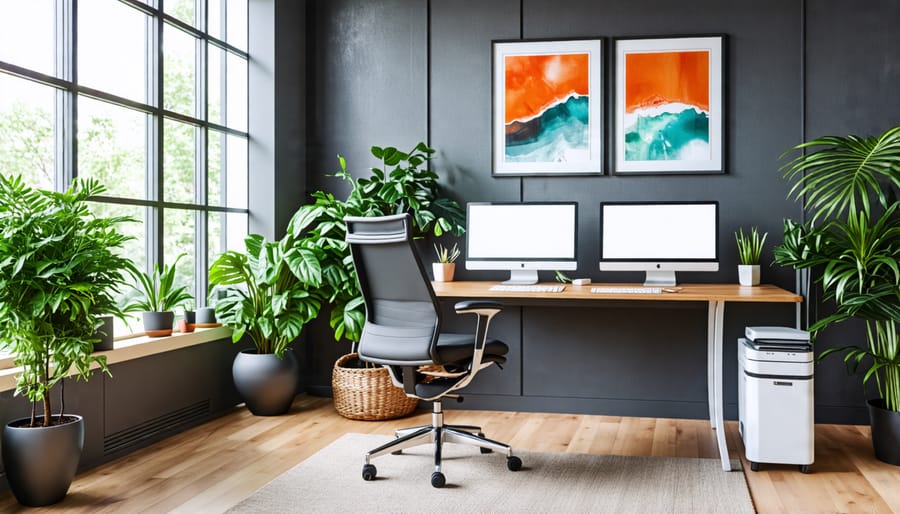 Professional home office with ergonomic chair, organized desk, dual monitors at eye level, green plants, wall art, and natural light from a window.