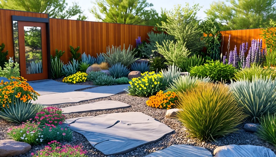 Water-conserving xeriscape landscaping with rainwater harvesting