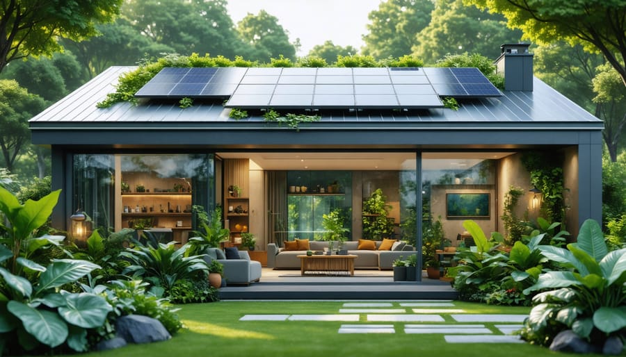 Exterior view of a modern eco-friendly home with large energy-efficient windows, surrounded by greenery and equipped with solar panels, highlighting sustainable design features.