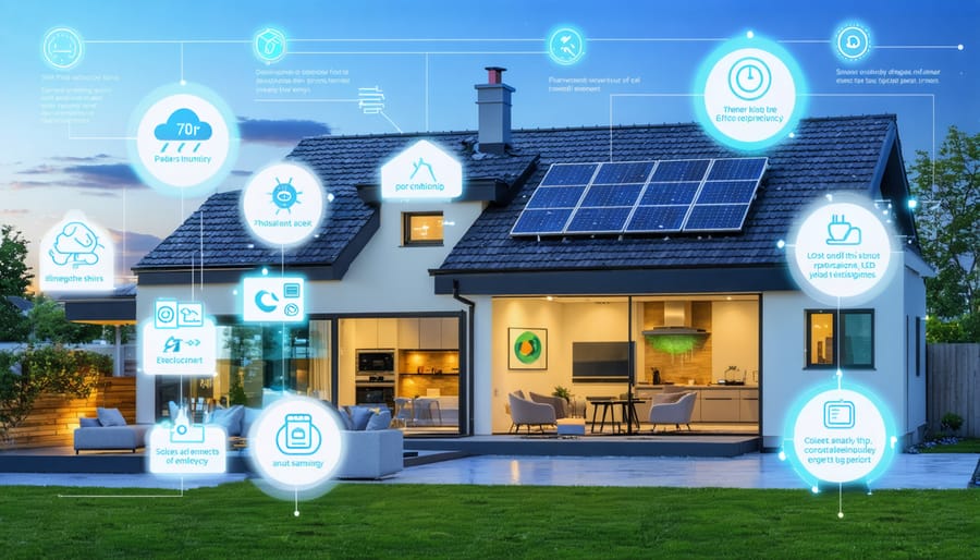 A modern home with smart energy management features including solar panels, smart thermostat, and LED lights, with infographic elements illustrating benefits like reduced energy costs, enhanced comfort, and sustainability.