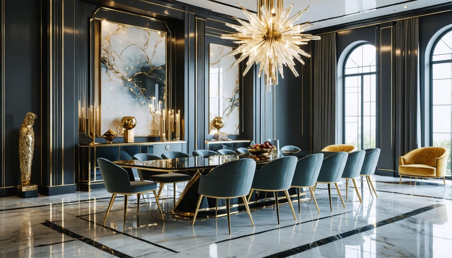 Elegant art deco dining room featuring sleek furniture, chrome details, and a dramatic chandelier