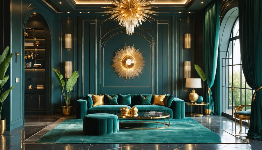 Glamorous art deco living room with bold geometric wallpaper, plush velvet furniture, brass accents, and a statement sunburst chandelier.