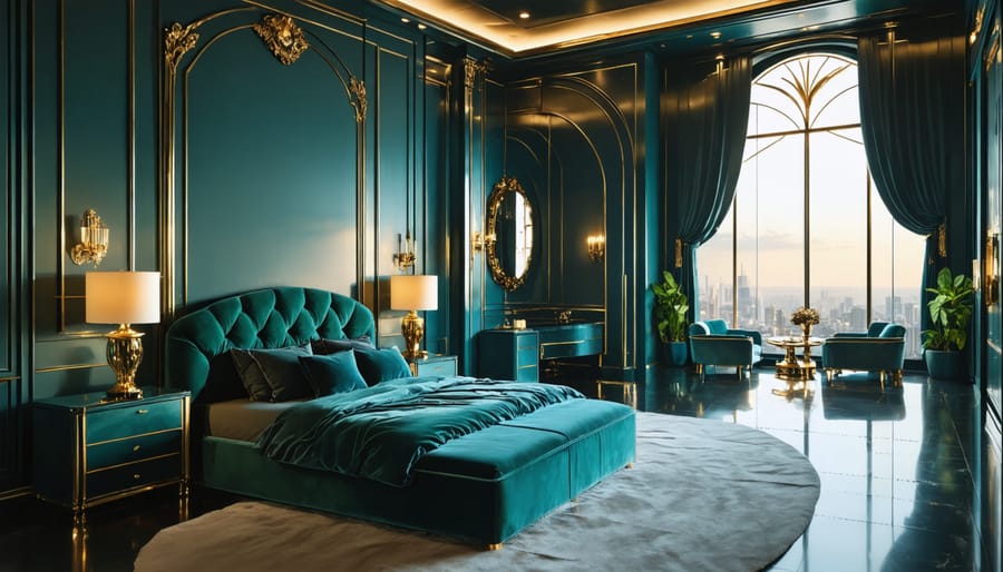 Opulent art deco bedroom with velvet headboard, brass accents, and lacquered nightstands