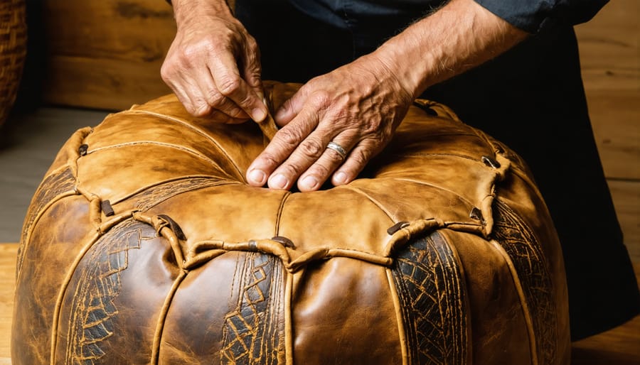 Artisan crafting a leather pouf by hand