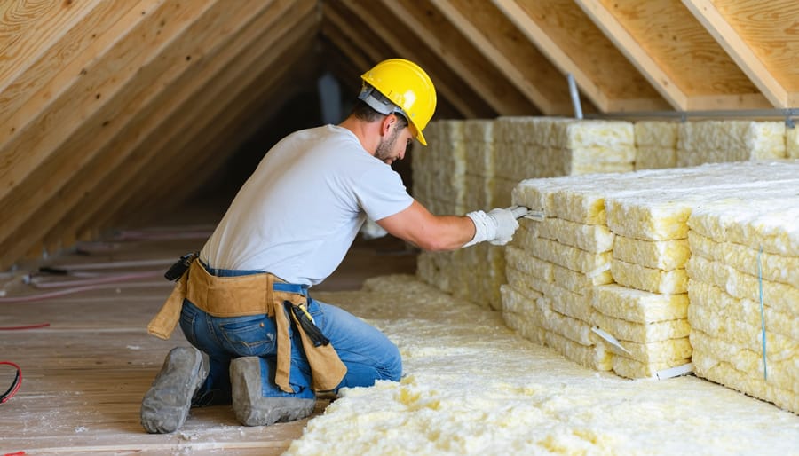 Professional contractor installing fiberglass insulation in an attic