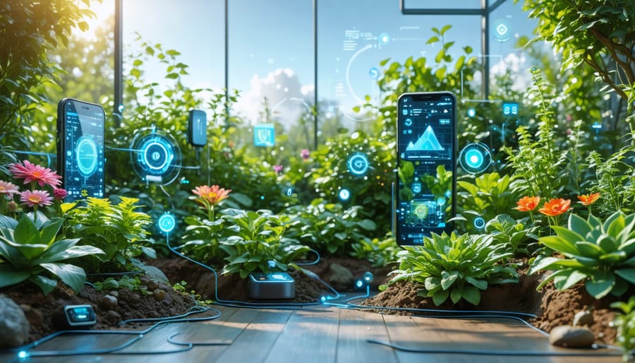 Lush garden with vibrant plants supported by advanced automated gardening systems, featuring sensors, irrigation lines, and a smartphone interface, depicting a harmonious blend of nature and technology.