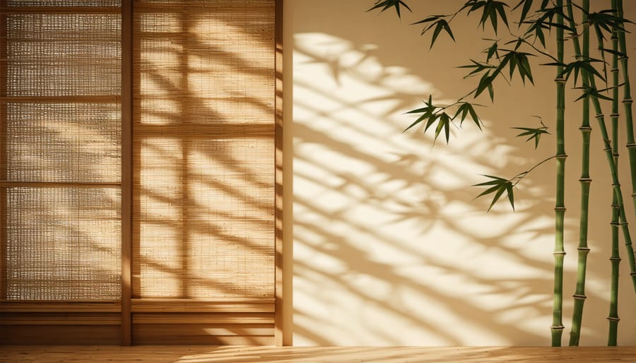 Bamboo shades allowing dappled sunlight to enter a room