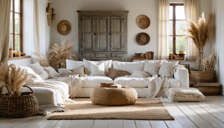 A beautifully styled Belgian-inspired living room with neutral tones, rustic wooden elements, and cozy textiles, creating a serene and inviting atmosphere.