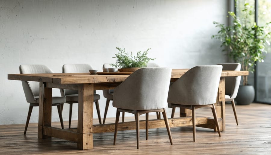 Dining area showcasing natural materials and a minimalist Belgian aesthetic