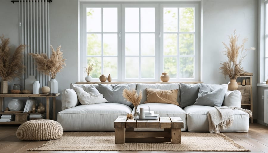 Belgian-style living room with soft, neutral colors and natural textures