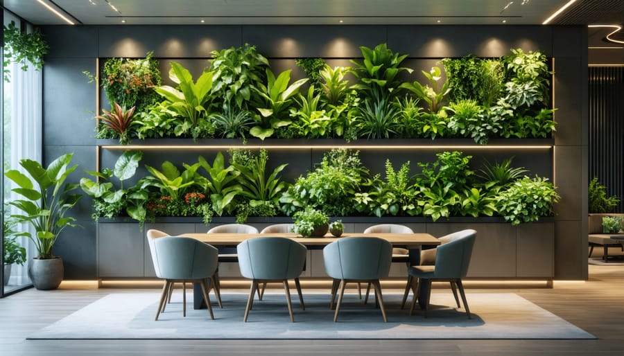 Living wall with diverse plant species and ambient lighting in modern dining space