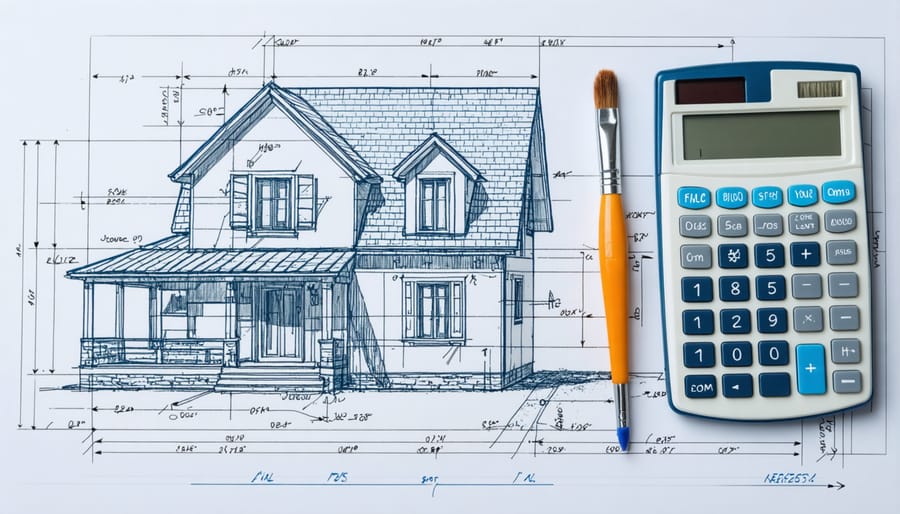 Conceptual illustration of home renovation tools and blueprint integrated with a family home, symbolizing budgeting and planning.