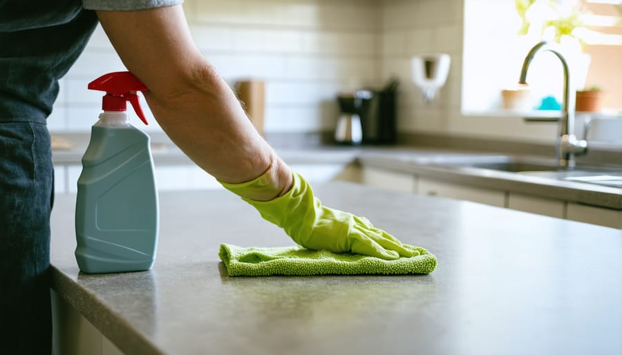 Hand using a homemade natural cleaner to wipe down a kitchen surface