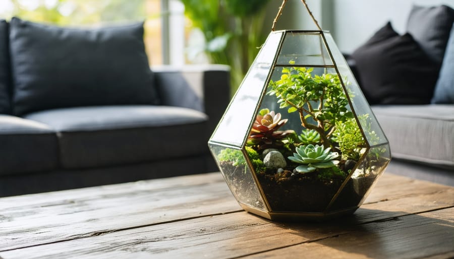 Coffee table terrarium with miniature plants and ornaments