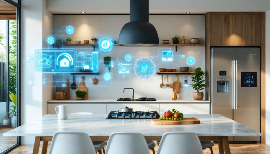 Modern kitchen with integrated smart appliances and digital controls