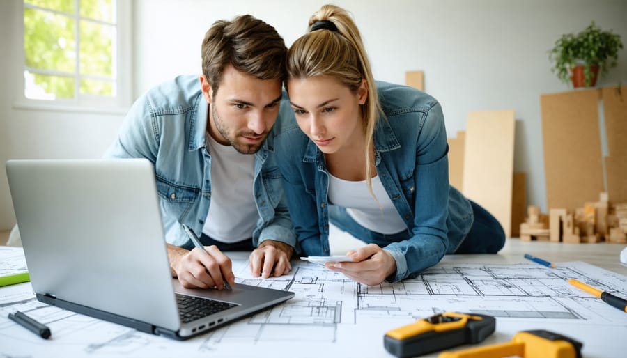 Couple planning their home renovation budget using a laptop