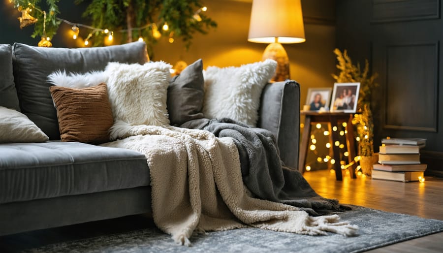 A cozy living room featuring a plush throw and pillows, warm lighting, an area rug, and personal decor items that create an inviting atmosphere.