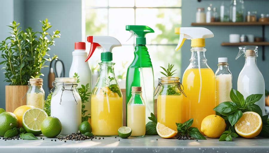 A sunny kitchen counter displaying DIY eco-friendly cleaning products in glass containers alongside natural ingredients like white vinegar, baking soda, citrus, and essential oils.