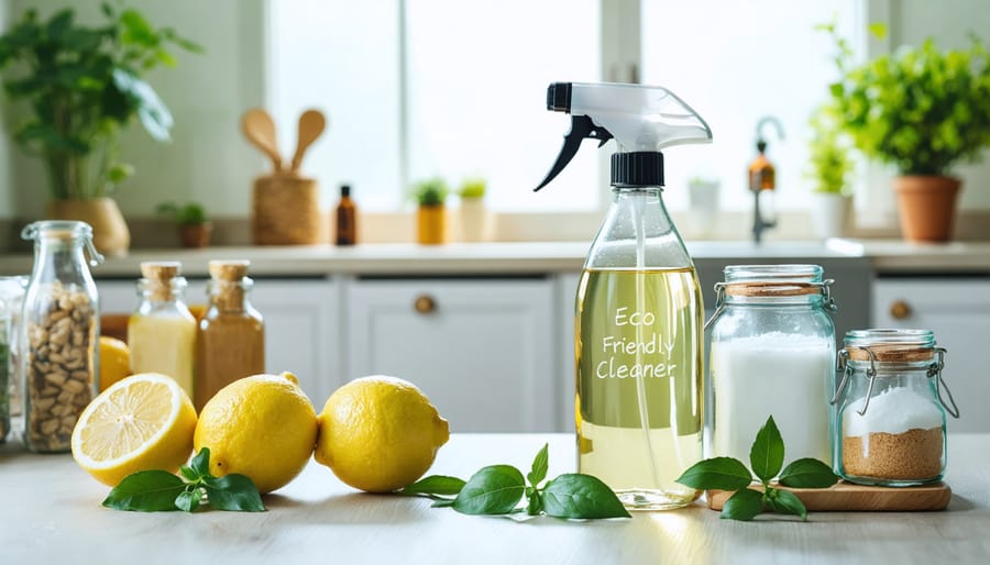 A visually appealing home setting featuring eco-friendly cleaning products such as a glass spray bottle, lemons, and jars of natural ingredients like vinegar and baking soda, promoting a toxin-free and sustainable living space.