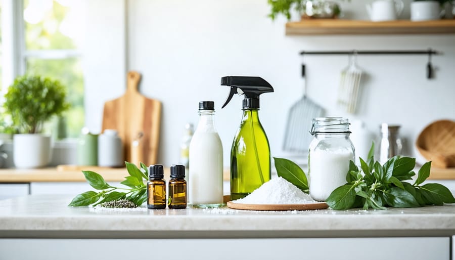 An assortment of natural cleaning ingredients including white vinegar, baking soda, essential oils, and a spray bottle, showcasing eco-friendly solutions for a clean home.