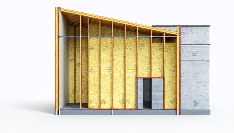 Cross-section of a highly insulated double stud wall for small energy efficient homes