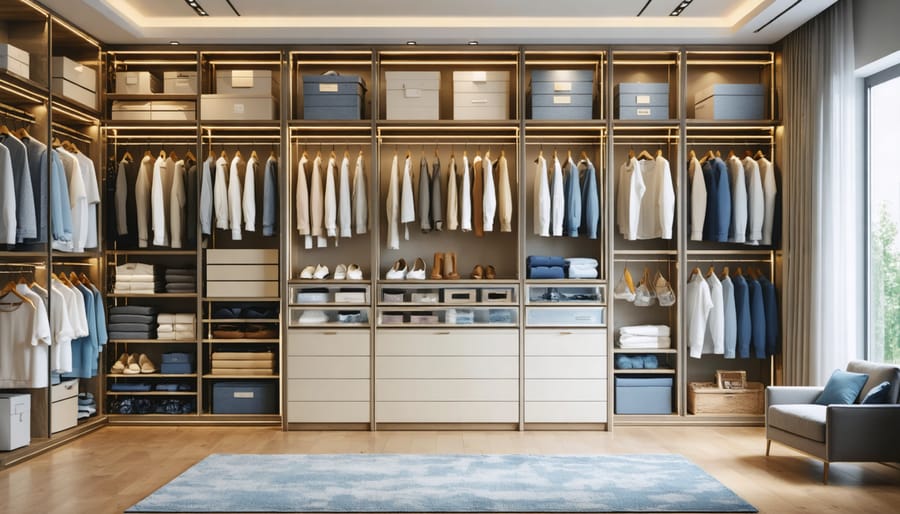 A spacious and organized dream closet featuring custom shelving, stylish clothing, and decorative storage solutions illuminated by elegant lighting.