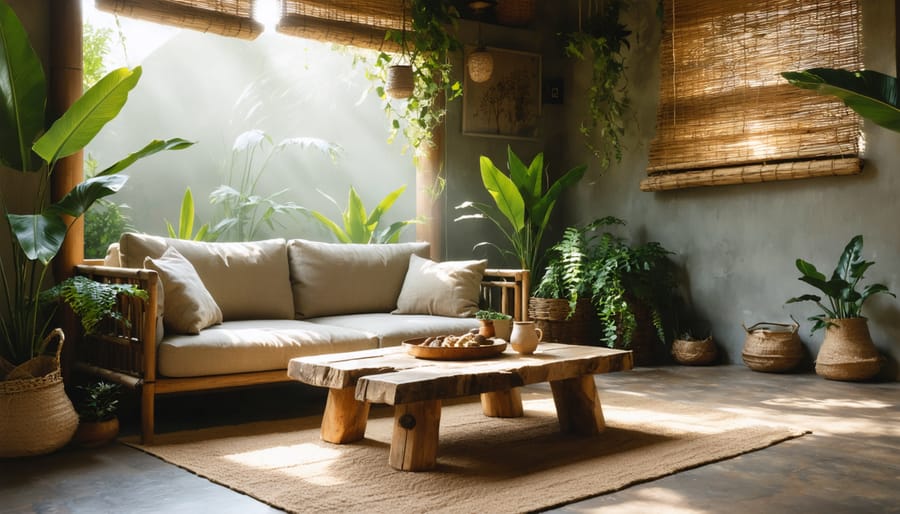 A stylish living room decorated with a reclaimed wood coffee table, linen sofa, bamboo shades, and vibrant greenery, highlighting sustainable home decor.