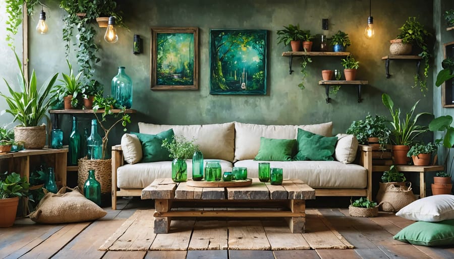 A cozy living room featuring an upcycled sofa with organic fabric, a recycled glass table, and reclaimed wood shelving, exemplifying sustainable DIY home projects.