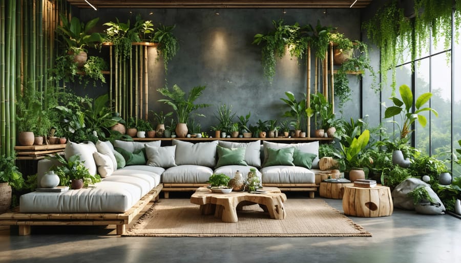 A stylish and inviting living room featuring various eco-friendly furniture pieces crafted from sustainable materials, including bamboo chairs, a reclaimed wood coffee table, recycled metal bookshelves, and an organic cotton upholstered sofa.