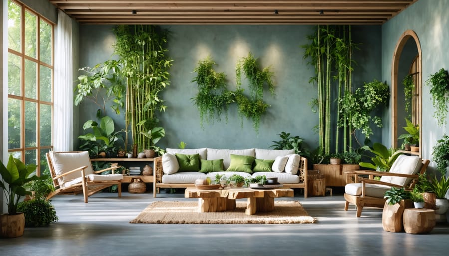 A beautifully decorated living room featuring a diverse selection of eco-friendly furniture, including a reclaimed wood coffee table, a sleek bamboo bookshelf, recycled metal chairs, and organic fabric upholstered armchairs, bathed in natural light.