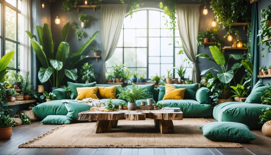 Modern living room featuring eco-friendly home decor with a reclaimed wood table, organic cotton curtains, LED lighting, and vibrant indoor plants.