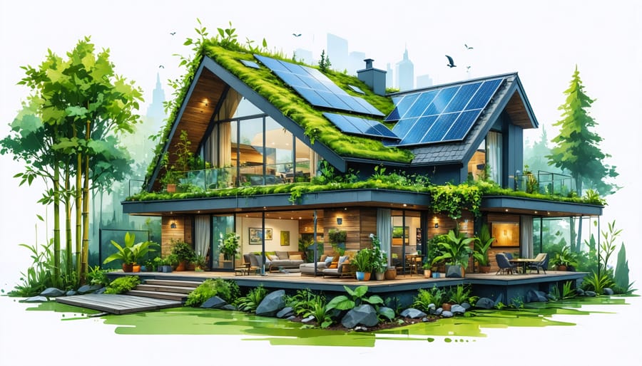 Illustration of a sustainable home design featuring passive solar energy usage, a green roof, solar panels, and eco-friendly materials in a natural setting.