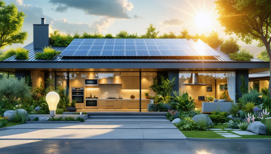 Modern eco-friendly home showcasing solar panels on the roof, energy-efficient appliances, and a xeriscaped garden.