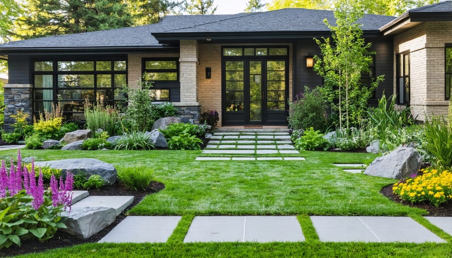 Beautifully landscaped front yard featuring native plant beds and small lawn area