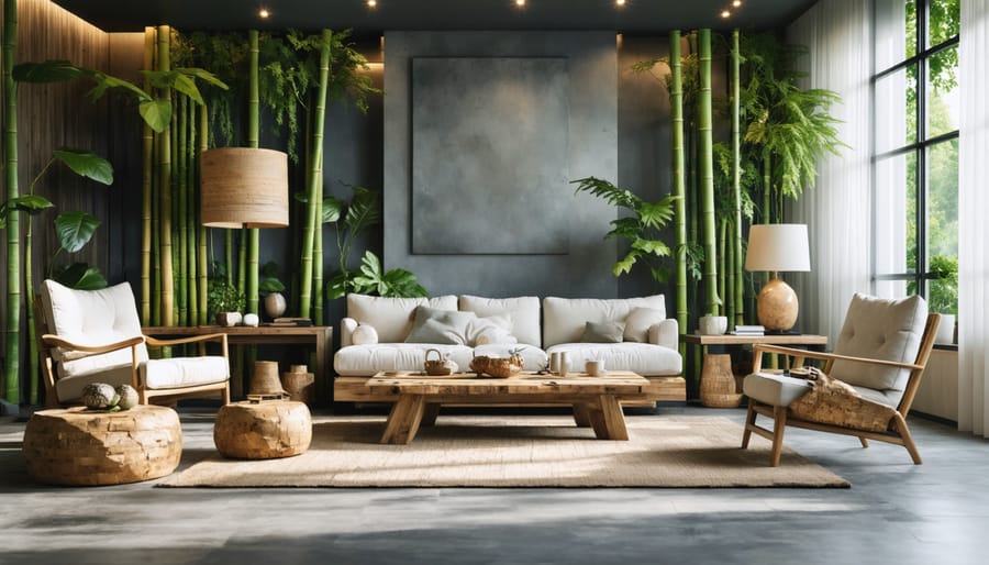 A contemporary living room featuring bamboo chairs, a reclaimed wood coffee table, a cork side table, a recycled metal lamp, and an armchair upholstered in organic cotton, highlighting sustainable home furnishings.