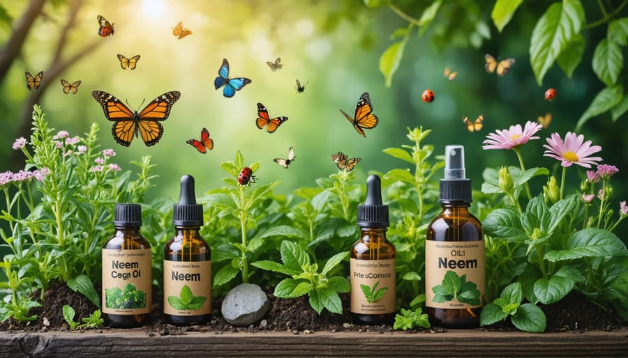 A selection of natural pest control products, including neem oil and diatomaceous earth, in a thriving garden with ladybugs and butterflies.