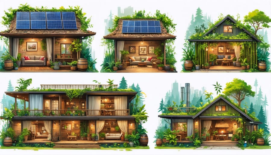 Collage of a sustainable home with eco-friendly features including solar panels, green roof, indoor plants, water-saving technologies, and natural materials like bamboo and reclaimed wood.