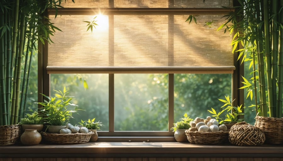 A collection of eco-friendly window treatments, including bamboo shades, organic cotton curtains, and hemp drapes, with sunlight filtering through them.