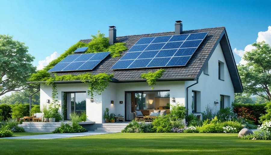 A modern home utilizing eco-friendly solutions like solar panels, LED lighting, native plant landscaping, and energy-efficient appliances to reduce its carbon footprint.