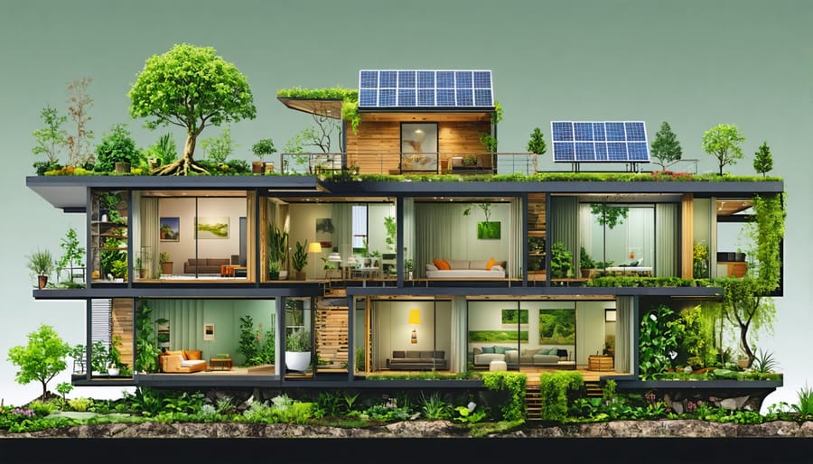 Illustration of a sustainable home design featuring passive solar elements, a green roof, living walls, and climate-appropriate landscaping.