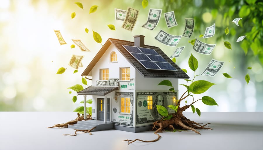 Conceptual illustration showcasing a house with energy-efficient features like solar panels and a smart thermostat, surrounded by dollar bills turning into leaves, symbolizing cost savings and environmental sustainability.