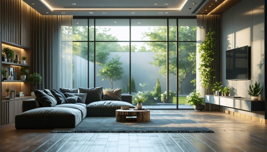 Energy-efficient living room with LED lighting and natural light from windows