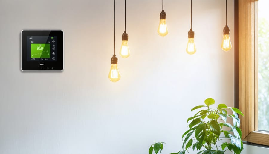 A sunny room showcasing energy-saving elements such as a programmable thermostat, LED bulbs, and a houseplant, symbolizing an eco-friendly and efficient home environment.