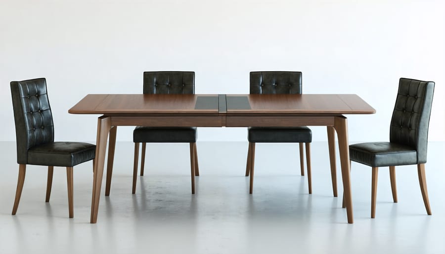 Demonstration of an expandable dining table's space-saving and seating capacity features