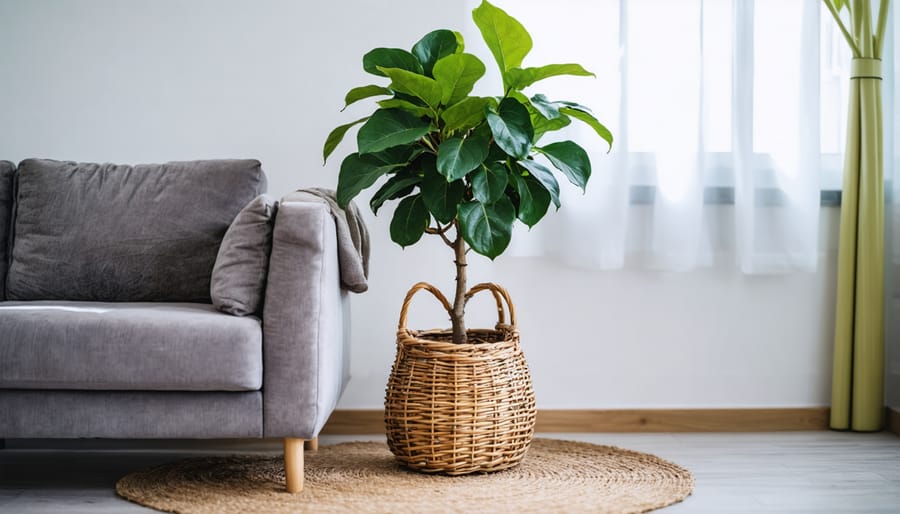 Large fiddle leaf fig tree in a living room, placed in a decorative woven planter