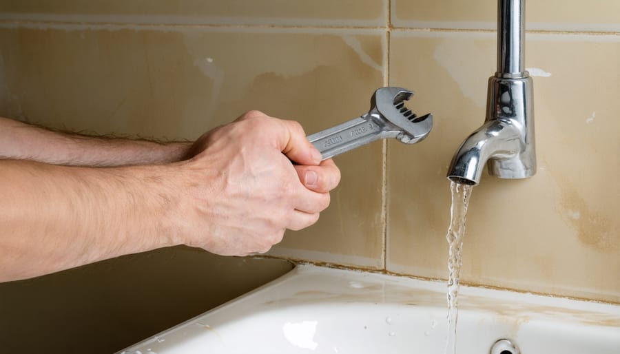 Person fixing a leaky faucet with a wrench