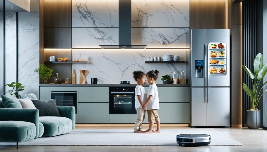 A modern home featuring a family using smart appliances, including a voice-activated oven, digital display fridge, and robotic vacuum, showcasing the convenience and integration of advanced technology.