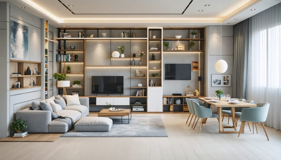 A small living space artfully arranged with modular furniture configurations, an expandable dining table, and an integrated Murphy bed featuring shelving for storage, all contributing to efficient use of space.